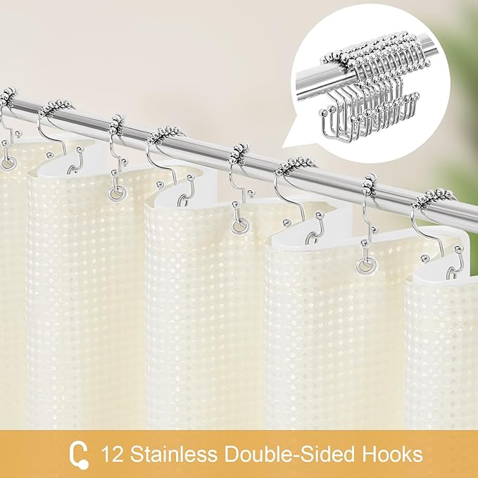 3 in 1 Shower Curtain Set, Cream Waffle Shower Curtain and PEVA Liner Set with 12 Stainless Steel Shower Curtain Hooks, Ivory Waterproof Fabric Shower Curtains for Bathroom, 72 W x 72 H