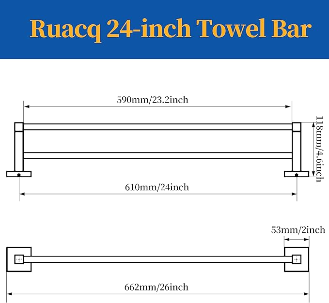 RUACQ Double Towel Bar, 24 Inch Bath Towel Rack for Bathroom, Square Base Hand Towel Holder, 304 Stainless Steel Towel Hanger Wall Mounted,Heavy Duty(Brushed Nickel)