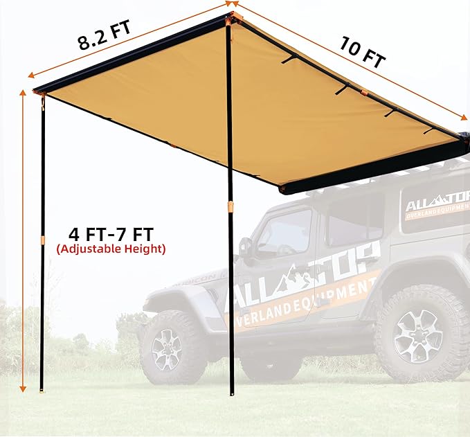 ALL-TOP Vehicle Awning 8.2'x10' Roof Rack Pull-Out Sun Shade UV50+, Weatherproof 4x4 Side Awning for Camping & Overland (Hardware Included)