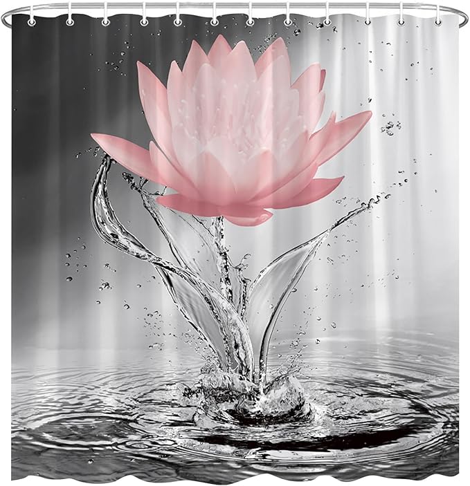 Lotus Shower Curtain Black White Grey Red Flower Elegant Blooming Floral with Dew Spring Flower Reflection on Water Modern Romantic Polyester Fabric Bathroom Decor 70×70 Inch with Hook