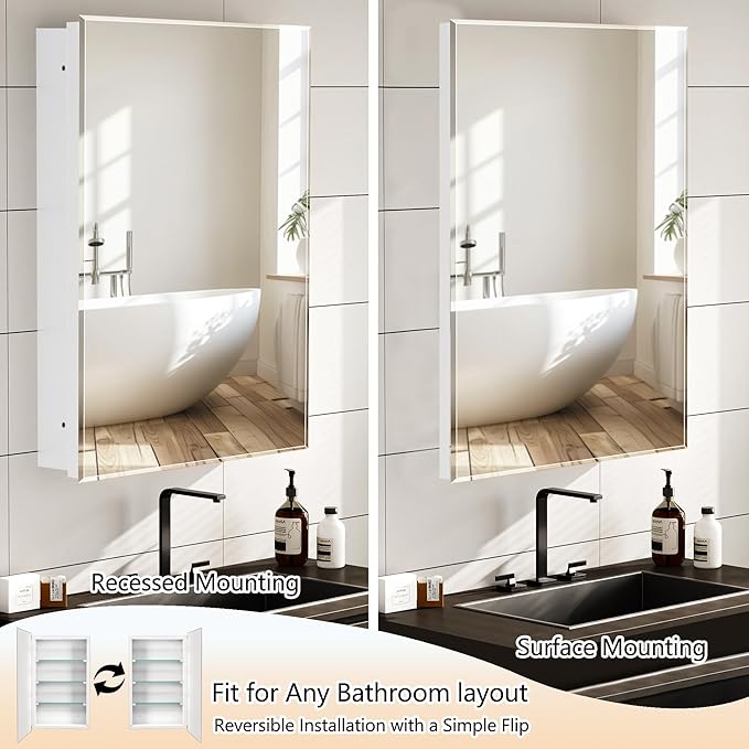 Bathroom Medicine Cabinet with 22x30 in Rectangular Beveled Frameless Mirror,Wall Mounted Mirror Cabinet for Bathroom Toilet Kitchen,Recess or Surface Mount,Already Assembly