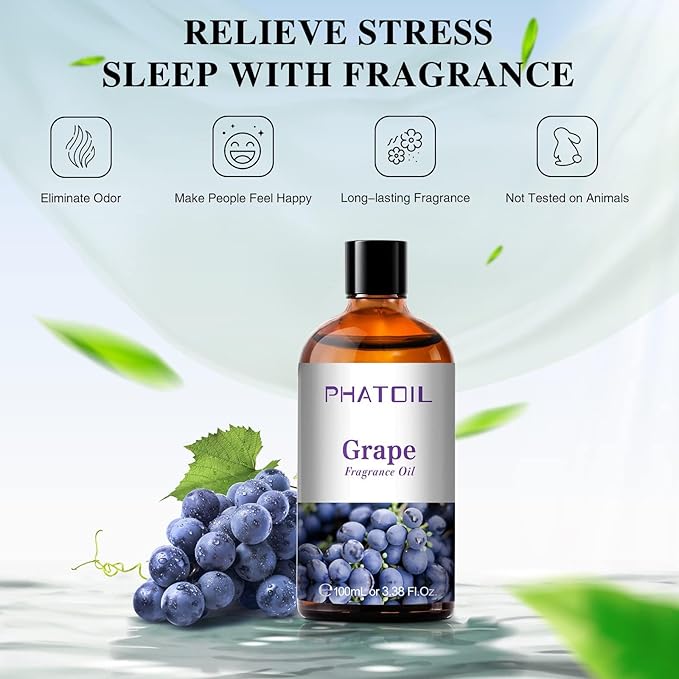 PHATOIL 3.38FL.OZ Grape Fragrance Oils for Aromatherapy, Essential Oils for Diffusers for Home, Perfect for Diffuser, Yoga, Skin Care, DIY Candle and Soap Making - 100ml