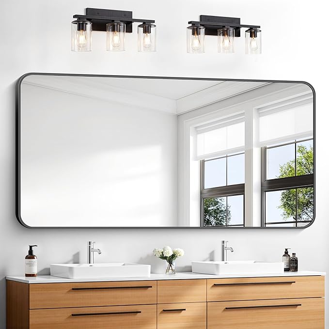 BONEWEI 30x60 inch Bathroom Mirror,Black Rectangle Mirror,Wall Mounted Bathroom Frame Vanity Mirror with Round Corner for Bedroom Living Room, Entryway Hangs Horizontal or Vertical