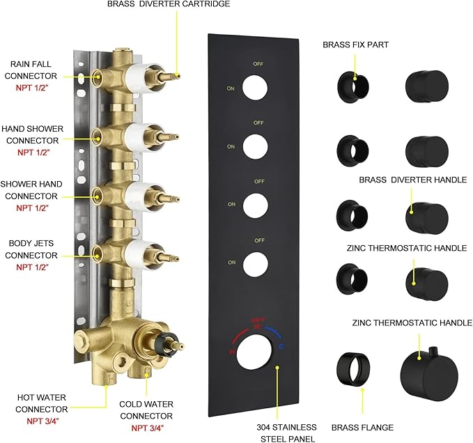 Brass Matte Black 4-Way Thermostatic Shower Diverter Valve - 4 Function Mixer with Individual On/Off Flow Control for Shower Arm & Kit