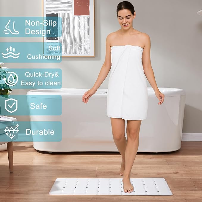 Non-Slip Bath Mat for Tub & Shower：Silicone Foldable Bathtub Mat with Strong Suction Cups, Quick Drain Holes, Machine Washable Extra Large Bathroom Mats 35.8" x 17.7", White