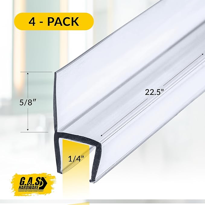 1/4" (6mm) Frameless Shower Door Seal – H-Type 22.5" (57.2cm) Ultra-Clear Bottom & Side Drip Rail Strips, 4-Pack for Leak Protection, Water Control & Easy DIY Install