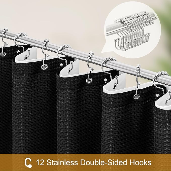 3 in 1 Stall Half Size Shower Curtain Set-36 W x 72 H, Black Waffle Waterproof Fabric and PEVA Liner Set with Stainless Steel Hooks