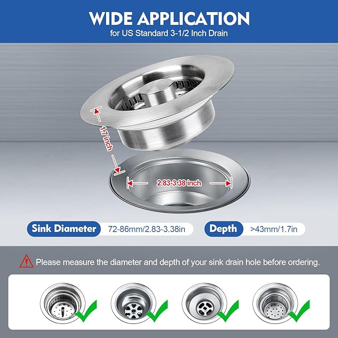 Upgraded 3 in 1 Kitchen Sink Drain Strainer - Stainless Steel Sink Stopper, Anti-Clogging Sink Food Catcher Basket, Fast Drainage Odor Filter Sink Plug