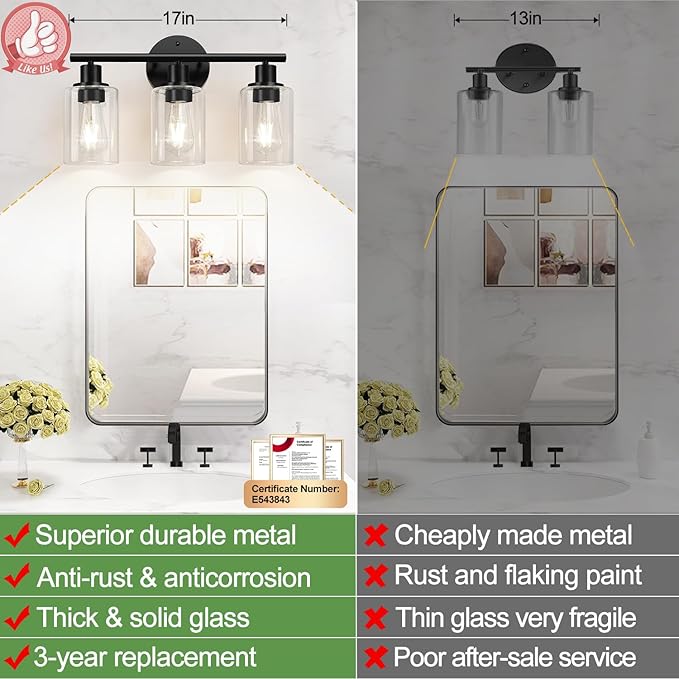 3-Light Bathroom Light Fixtures, 17.23" Black Modern Vanity Lights with Clear Glass Shade, Bathroom Wall Lamp for Mirror Kitchen Living Room Hallway Cabinet Porch