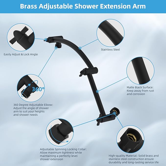 Hibbent All Metal Rain Shower Head, 8'' High Pressure Rainfall Showerhead with 16" Shower Head Extension Arm, Solid Brass Adjustable Shower Arm Extender, Waterfall fixed Showerheads, Matte Black