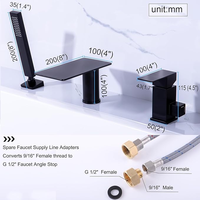 Roman Tub Faucet with Hand Shower, Matte Black Deck Mount Waterfall Tub Faucet High Flow 3 Hole Bathtub Faucets Sets