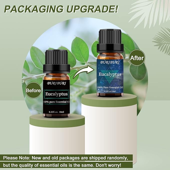 BURIBURI Eucalyptus Oil and Peppermint Essential Oil, 100% Pure, Undiluted, Natural, Organic Aromatherapy Eucalyptus Essential Oils Gift Set, 10MLx2