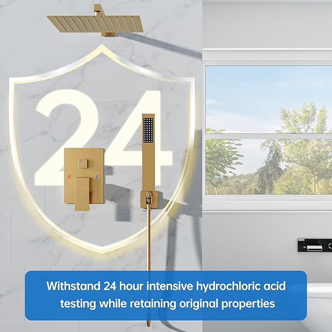 12 Inch Luxury Rain Shower Faucet Set, Brushed Gold Shower System with Rainfall Shower Head and Handheld Spray, SUS304 Stainless Steel and Solid Brass Wall Mounted Shower Valve Trim Kit