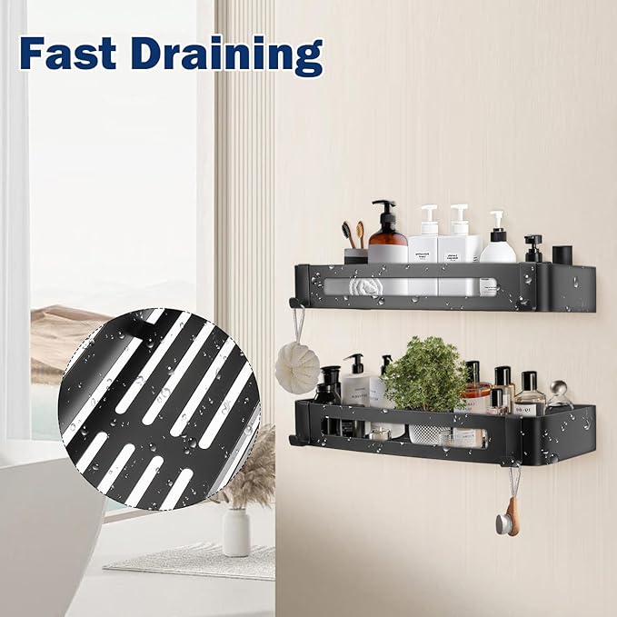NearMoon Bathroom Shower Caddy 2 Pack, No Drill 304 Stainless Steel Shower Organizer with 2 Hooks (Shower Shelf, Matte Black)