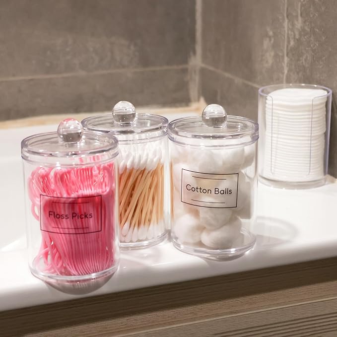 2 Pack Qtip Holder Dispenser,Bathroom Canisters Apothecary Jar Set, Acrylic Vanity Makeup Storage Organizer Set,10 and 12 oz