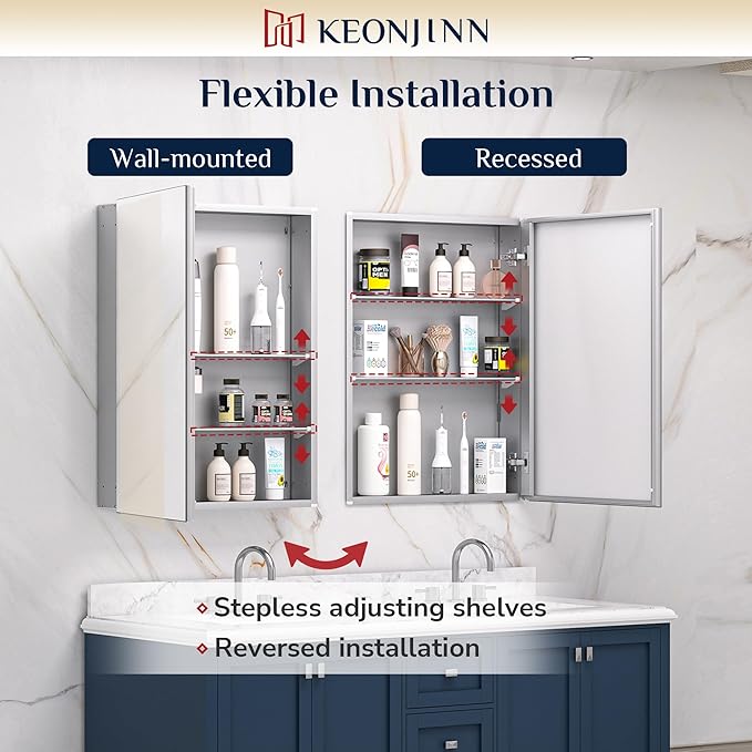 Keonjinn 40 x 32 Inch Large Medicine Cabinet for Bathroom, Silver Lightweight Combined Double Doors Mirrored Cabinet, Assembly Needed, Recessed or Wall Mount, Flexiable Ample Storage, Soft Closing