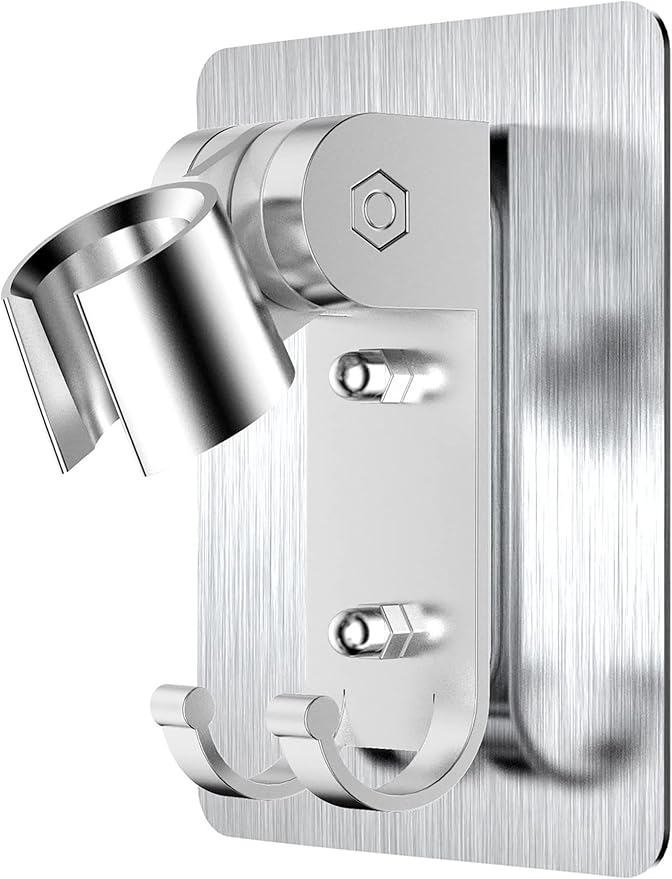 Shower Head Holder, Adjustable Wand Holder with 2 Hanger Hooks, Wall Mount Bracket, Aluminium Alloy, Silver
