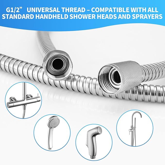 90 Inch Extra Long Stainless Steel Shower Hose - Flexible & Wear-Resistant with Chrome shower head with hose Plated Nut & Insert