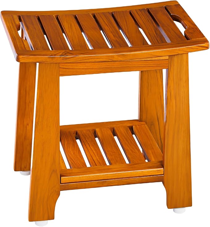 24" Large Teak Shower Bench with Shelf & Handle - Waterproof Spa Stool, Non-Slip Leveling Feet & 300 lbs Capacity - for Showers, Saunas/Steam Rooms & Outdoor Pools (Patented)