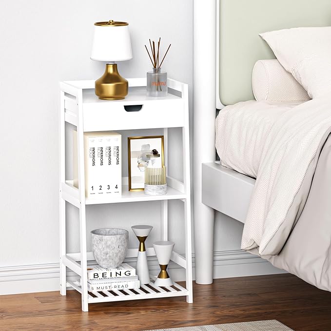 3 Tier Bamboo Bathroom Shelves with Drawer, Ladder Shelf for Bathroom Storage, Space-Saving Design, Stylish Display Nightstand, Stylish Storage Solution for Home, Living Room, Kitchen, Office