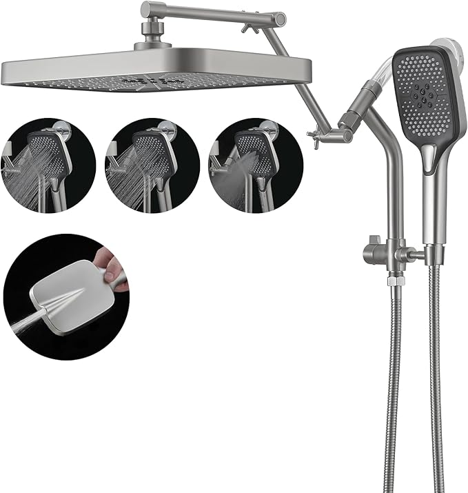 14" High Pressure Rain/Rainfall Shower Heads With Handheld Spray Combo (3+1 Settings & Built-in Power Wash Mode), Double/Dual Shower Head With Handheld - Height/Angle Adjustable(Brushed Nickel)