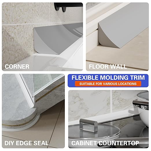 Flexible Molding Trim, Flexible Bendable Adhesive Caulking Strip, Molded Trim, Peel and Stick Home Decorative Edge for Bathroom, Kitchen, Floor, Wall (Grey, 0.83in x 0.24in x 10ft)
