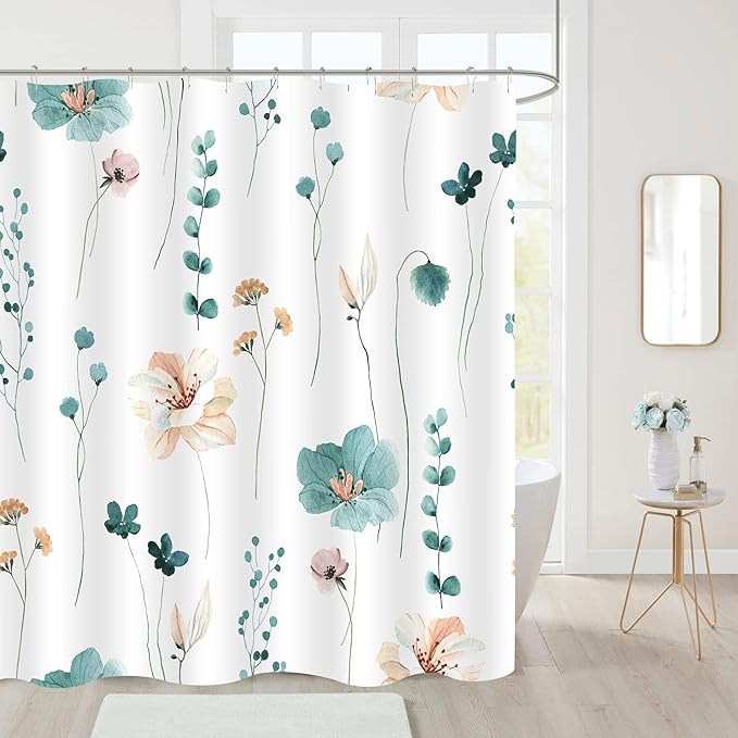 Gibelle Extra Long Shower Curtain 72 x 84, Watercolor Floral Fabric Shower Curtain, Teal Beige Flower Decorative Bathroom Shower Curtain Set
