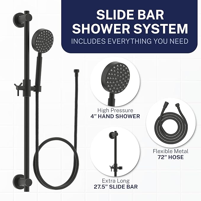 HammerHead Showers® SOLID METAL 27.5 Inch Shower Slide Bar Set and Handheld Shower Head with Hose — MATTE BLACK — 1.75 GPM Low Flow Spray Wand — Easily Adjust Height & Angle of Handshower