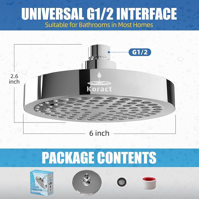 Shower Head High Pressure Rain Premium Quality Luxury Design Anti-Clogging Silicone Nozzles Adjustable Replacement for Bathroom Shower Heads (6 inch Round) (Luxury Polished Chrome 6" Round)