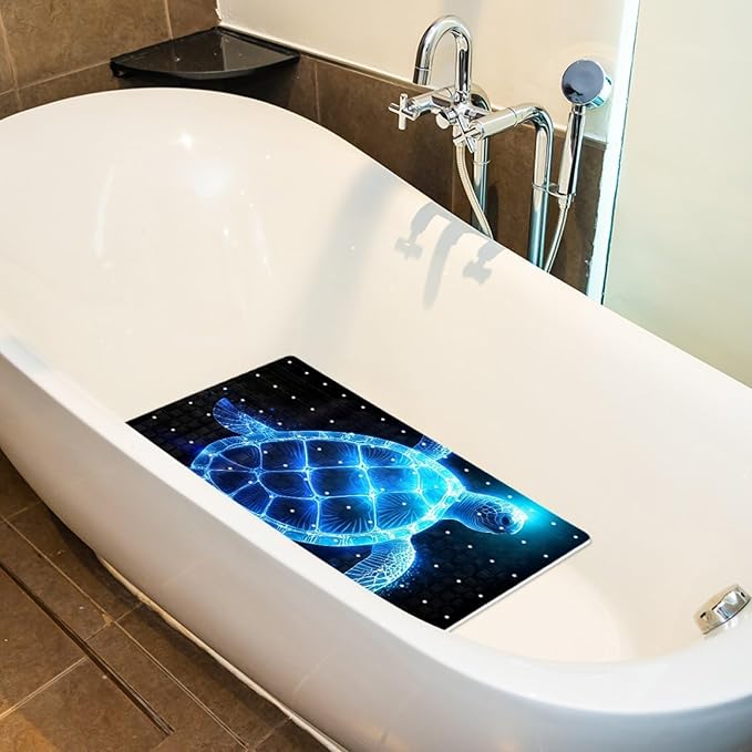 Bathtub Mats for Shower Tub, Anti-Slip Bath Mats for Inside Tub, Bathroom Shower Mats with Drain Holes and Suction Cups (Art Glowing Ocean Turtle Neon Blue Pattern)