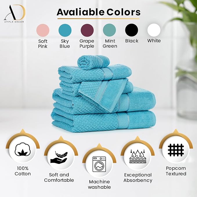 Ample Decor Bathroom Hand Towel 18 X 28 Inch 600 GSM 100% Cotton - Popcorn Textured Towel for Bathroom- Pack of 6 Sky Blue