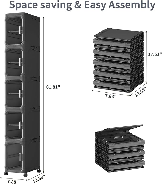 KHNR 5-Tiers Slim Bathroom Storage Cabinet, Foldable Storage Cabinets,Narrow Bathroom Storage,Movable Bathroom Storage Organizer for Small Spaces,Bathroom,Kitchen,Laundry,Black