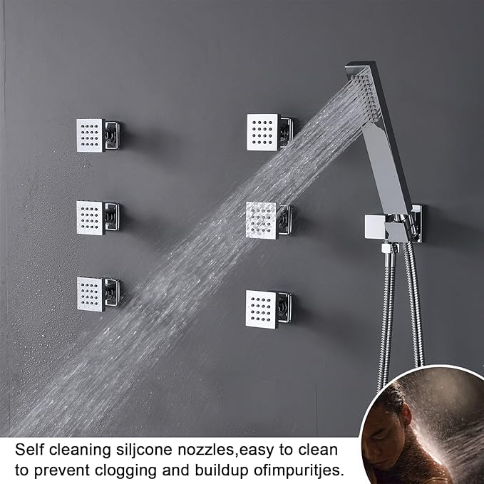 Digital Tempreature Display Full Body Shower System Wall Mounted 8 Inch Rain Shower System with 6 PCS Body Jets, Handheld Spray, Chrome Shower Fixtures