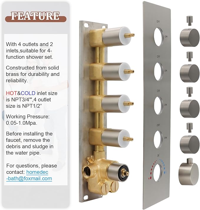 HOMEDEC Modern Solid Brass Concealed 4-Function Thermostatic Shower Diverter Mixer Valve Brushed Nickel, Can Run Simultaneously, Flows Can Be Controlled