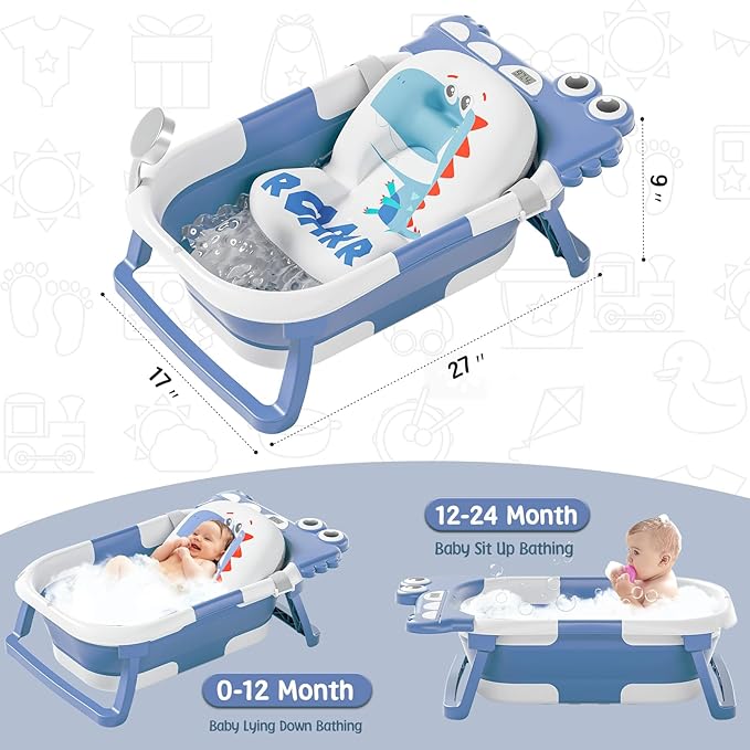 MoreFeel Collapsible Baby Bathtub for Newborn with Thermometer & 1 Hooded Towel & 1 Soft Floating Cushion,Portable Travel Bathtub with Drain Hole, Durable Foldable Baby Tubs for Infants to Toddler