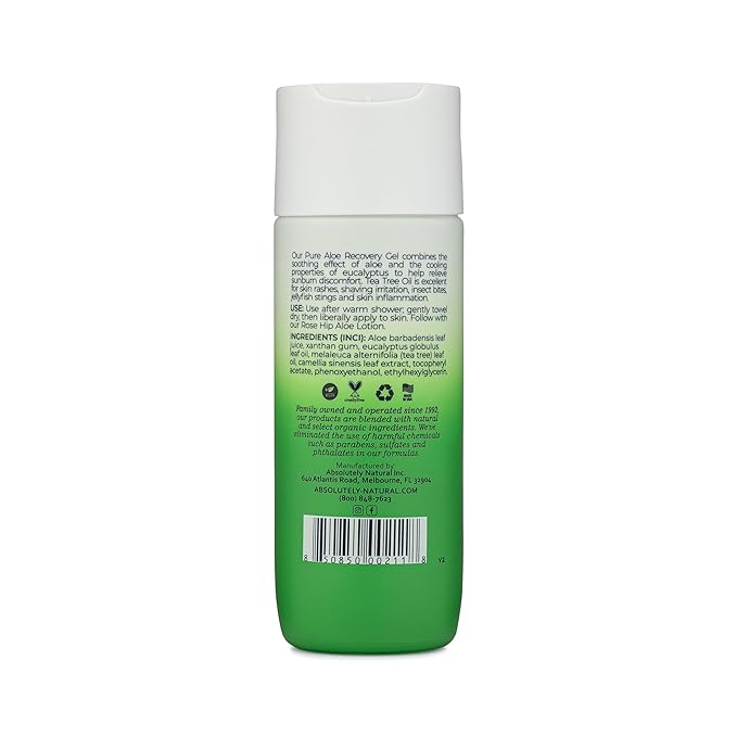 Absolutely Natural - 100% Pure Aloe Vera Cooling Gel - Lotion for Sunburn Relief & Rashes - Premium Sun Care with Vitamin E, Eucalyptus - 6 oz