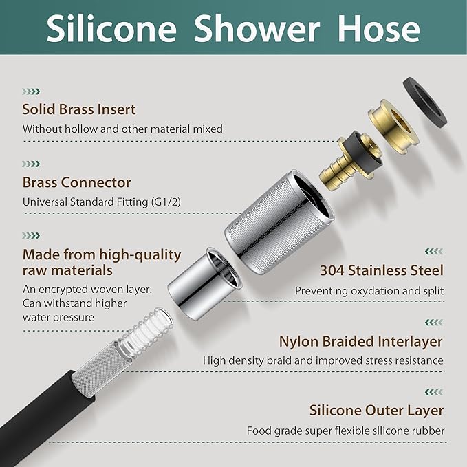 Silicone Shower Hose Extra Long,Explosion Proof Anti Winding Showerhead Hose,Used In Showerheads Spray Bidet Bathing Toilet Cleaning Flexible RV Shower Hoses Replacement (Black, 79 In)