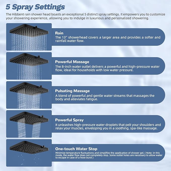 Hibbent Upgraded cUPC Certified 13'' Shower Head Combo, High Pressure 5-spray Rainfall Showerhead, Stainless Steel 4 Spray Handheld, All Metal 4-way Diverter Arm, 71'' Hose and Holder, Black