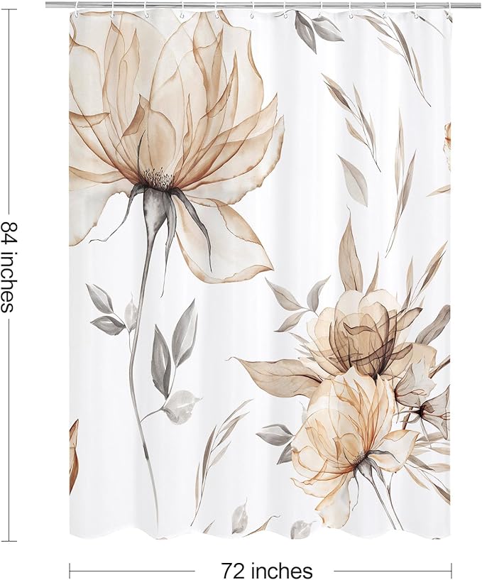 Extra Long Boho Watercolor Floral Shower Curtain 72 x 84, Light Brown and Grey Ink Painting Style Flower Shower Curtains for Chic Elegant Bathroom, Artistic XL Fabric Cloth Shower Curtain