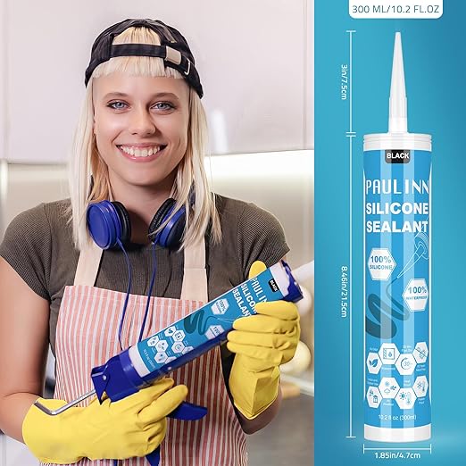 PAULINN Silicone Sealant Black, 100% Silicone Caulk Waterproof for RV, Kitchen, Bath, General Use, Window, Door, Glass, Marine, 10.2 Oz, 1 Pack