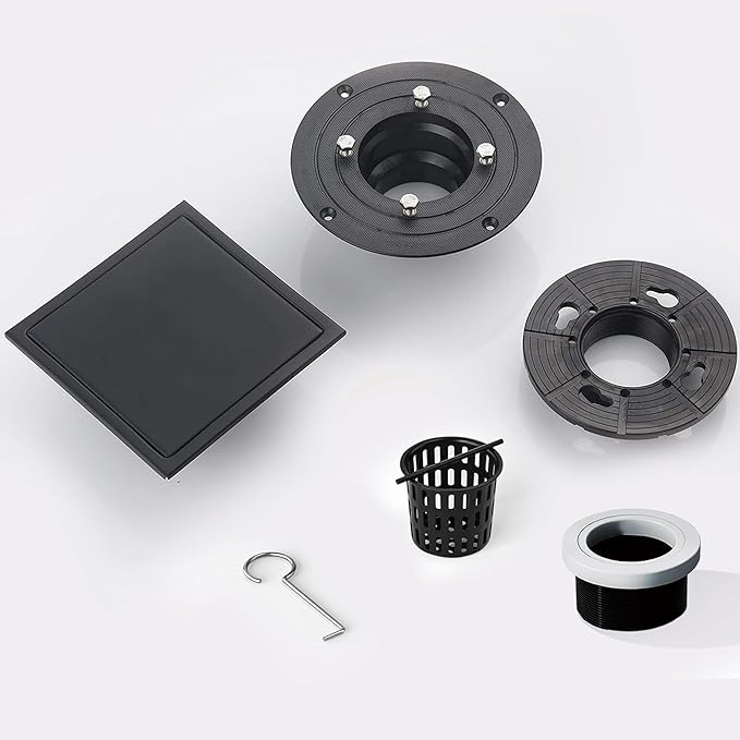 4 Inch Square Shower Floor Drain, Shower Drain Kit with Flange and 2 in 1 Tile-Insert Cover, Square Shower Drain, SUS 304 Stainless Steel Floor Drain,Matte Black