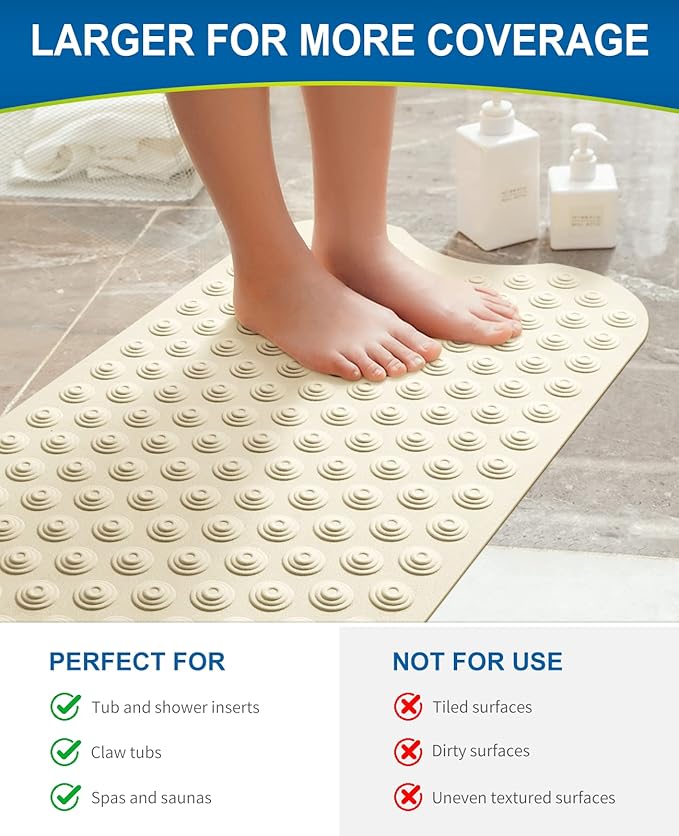 Bligli Bathtub Mat Non-Slip Without Suction Cups, 39x16inch Extra Long Bath Mats for Shower Bathroom, Machine Washable Natural Rubber Shower Tub Mat (39x16inch, Beige)