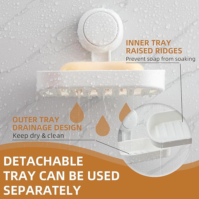 LEVERLOC Soap Dish Holder for Shower Suction Cup Wall Mounted Self Draining NO-Drilling Removable Bar Soap Sponge Holder for Bathroom Bathtub Kitchen Sink Waterproof Strong Vacuum Suction Adhesion