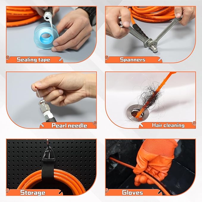 Sewer Jetter Kit for Pressure Washer 50FT,5800psi Drain Cleaner Hose 1/4 Inch Npt Corner, with 5 Sewer Jetting Nozzles Sealing Tape Pearl Corsage Pin Spanner Glove Drain Snake