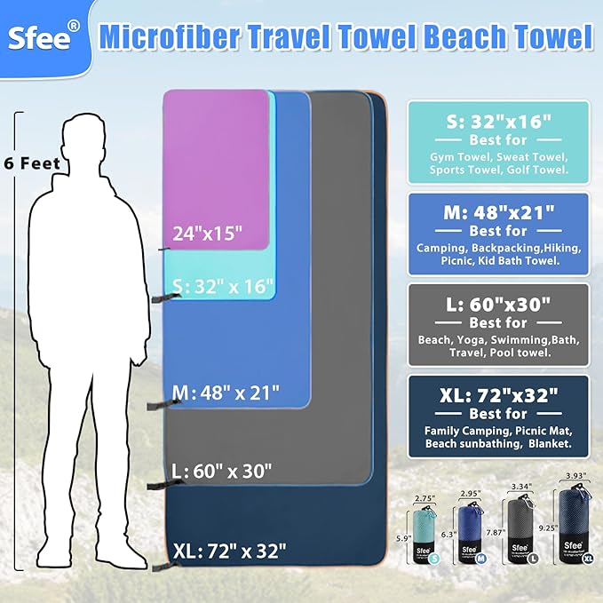 Sfee 2 Pack Microfiber Travel Towel, Quick Dry Towel Camping Towel Super Absorbent Compact Lightweight Sports Swim Gym Towels Set for Gym, Hiking, Pool, Backpacking, Bath, Yoga (M :48"x21"+24"x15")