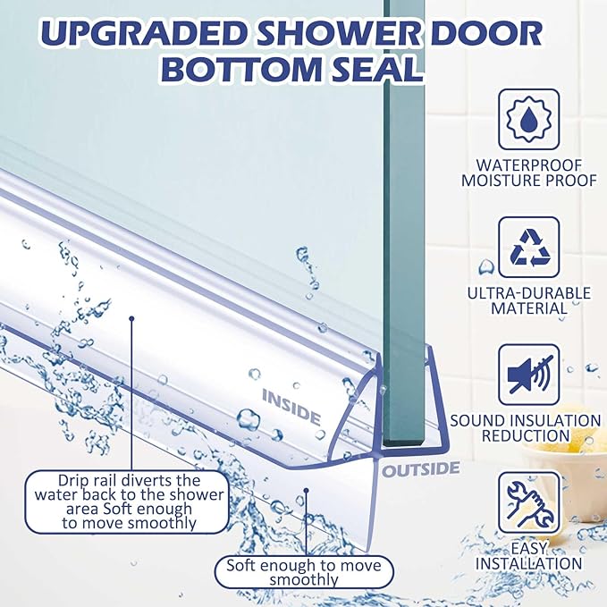 Frienda 4 Pcs Shower Door Bottom Seal 3/8" x 36'' Clear PVC Glass Door Sweep Shower Frameless Seal Strip for Replacement Stopping Leaks and Creating Water Barrier