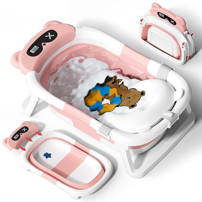AVIDOR Baby Bathtub,Collapsible Bathtub for Newborn to Toddler,Durable Essential Infant Bath Tub,Portable Travel Baby Tub with Soft Cushion,No-Slip Hanging and Detachable(Pink)