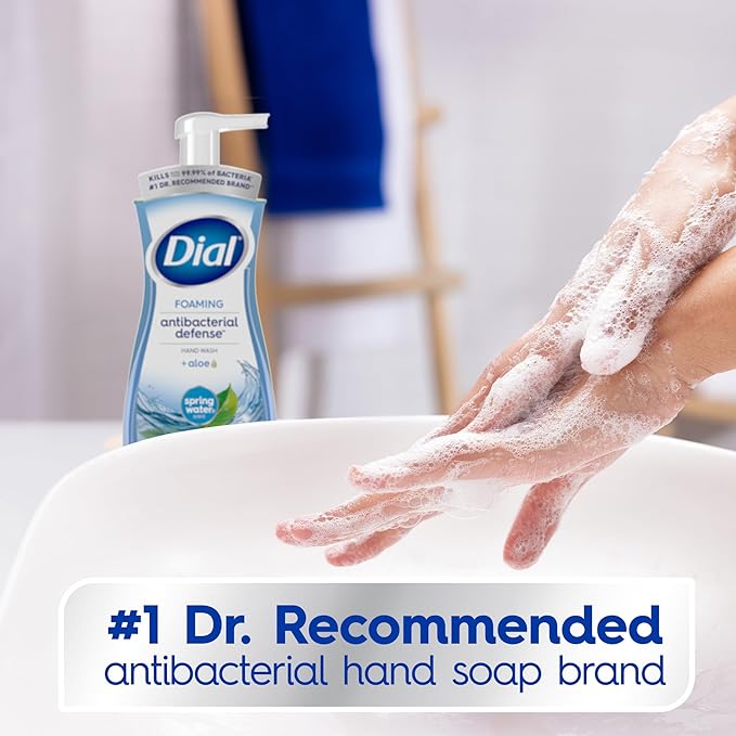 Dial Antibacterial Defense Foaming Hand Soap + Aloe, Spring Water Scent, 7.5 Fl Oz (Pack of 6), Dermatologist-Tested Hand Wash, Gentle on Skin