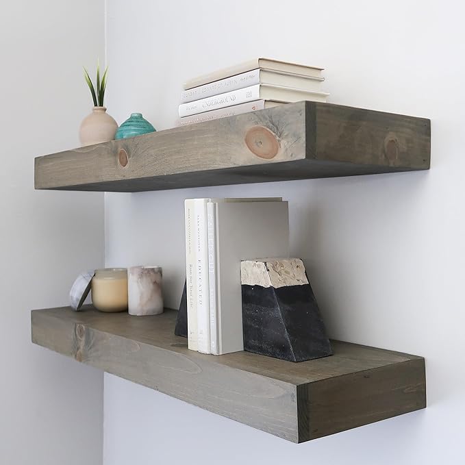 Urbandi Modern Floating Shelves 3 Inches Thick for Wall, Wide Shelves for Kitchen, Living Room, Bedroom, and Bathroom, Natural Pine Wood, Rustic Wooden Shelf, (Set of 2) (Aged Barrel, 24Lx3Hx6D)