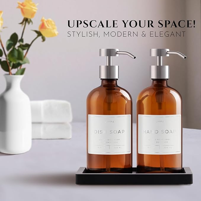 Lotion, Hand & Dish Soap Dispenser for Kitchen Sink - Bathroom Soap Dispenser Set of 2 16.8 Oz Glass Bottles with Stainless Steel Pump, 15 Water Proof Labels & Silicon Tray (Amber/Silver)